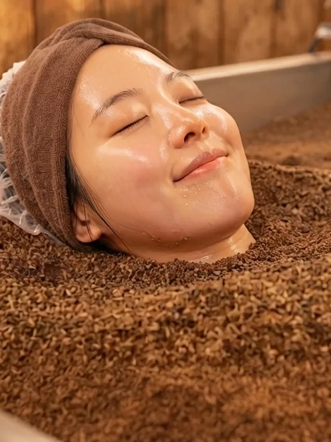 효소 매질에 누워 편안히 찜질하는 모습